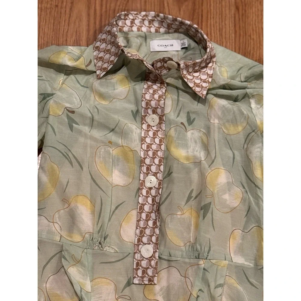 Coach Apple Print Cotton Cupro Ruffle Shirt Dress Sage Green Teacher Size 2 $700